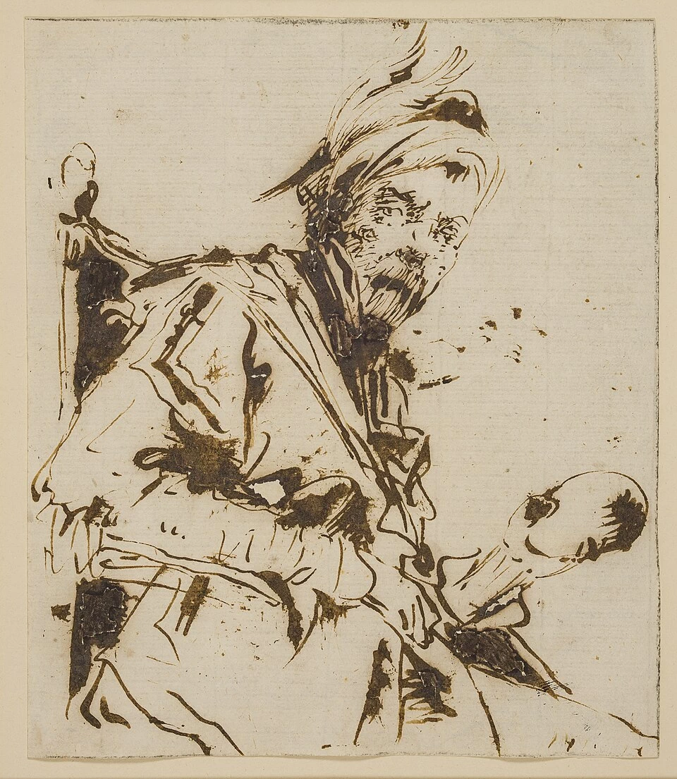 Mezzo busto maschile seduto su una sedia con un cappello piumato e un teschio - Statens Museum for Kunst, Copenaghen